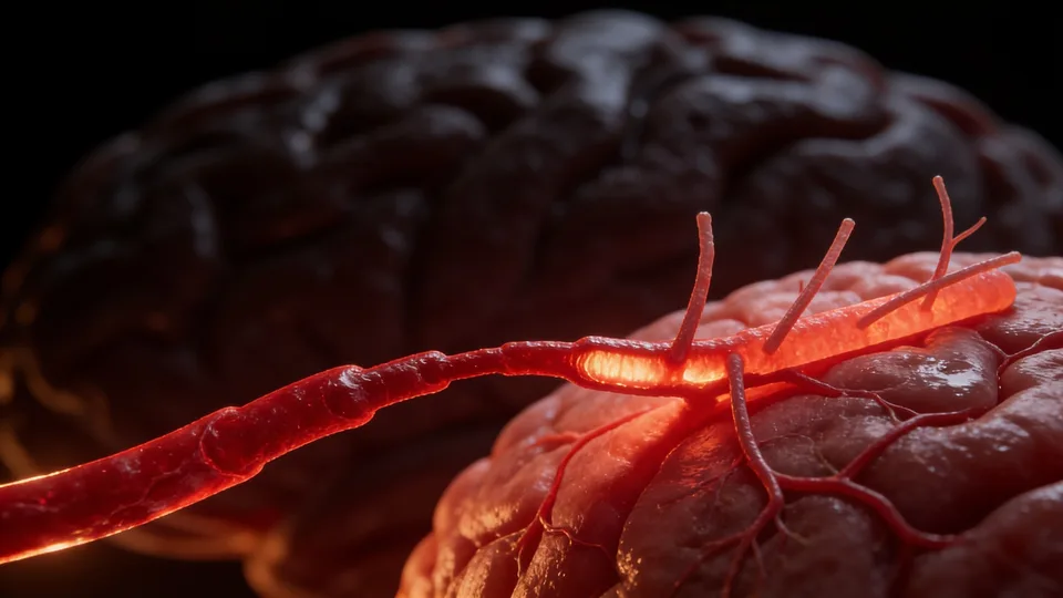 Fig. 01 — Cerebral artery with narrowing and poorly perfused distal branches · illustration